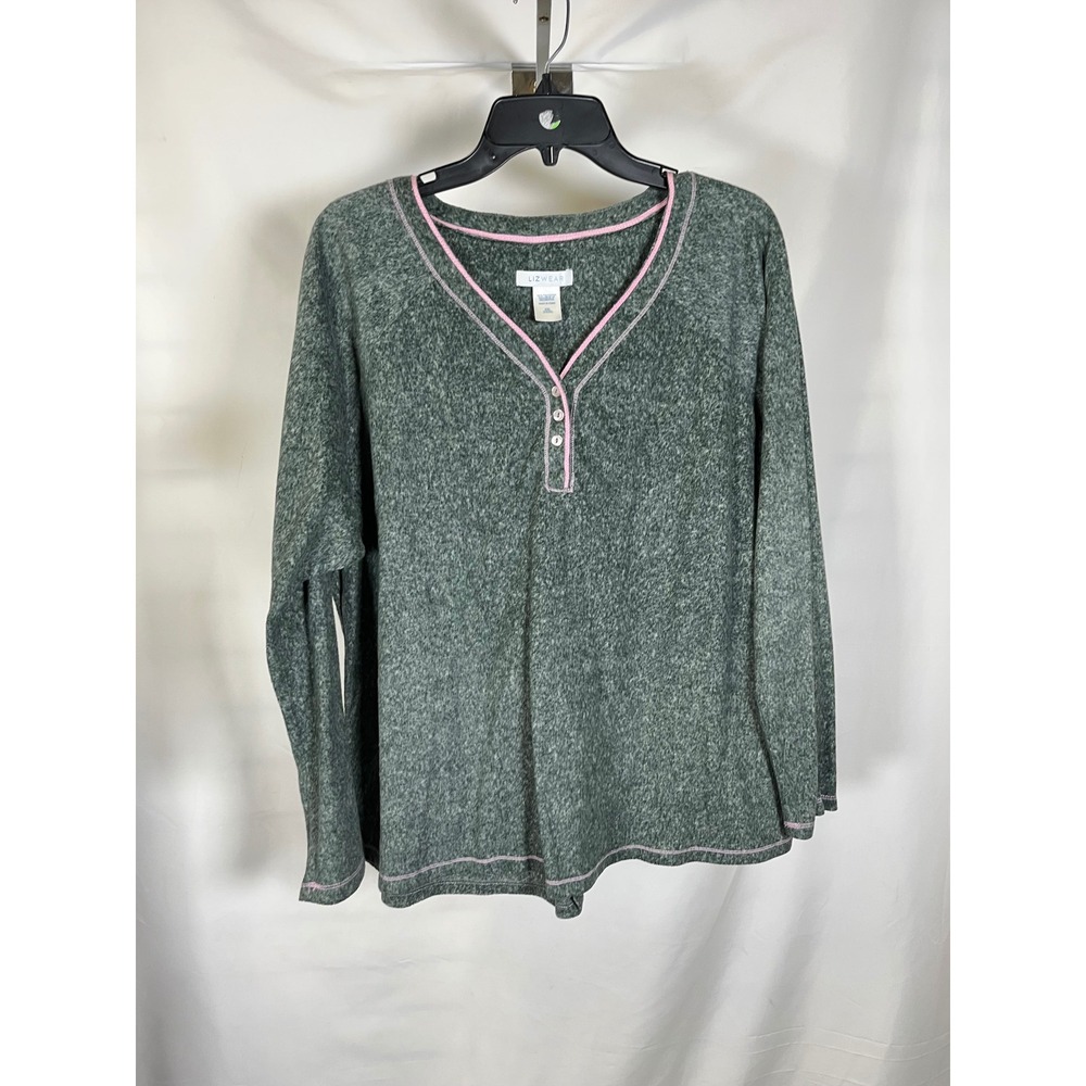 Lizwear Womens XXL Fleece Henley Top Green Pink Trim Long Sleeve Pullover V-Neck